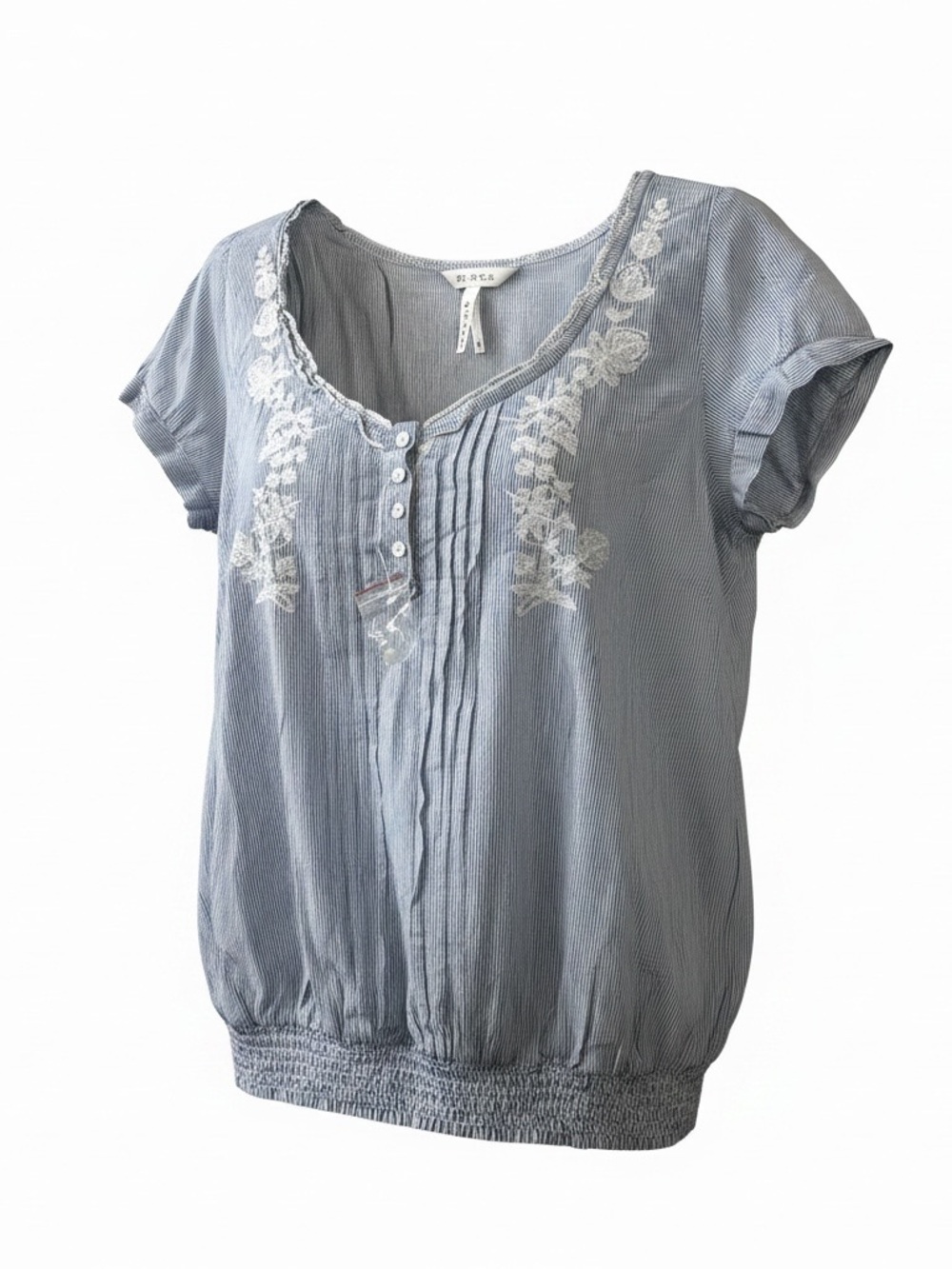 Roper 100% Cotton Top Sz M Short Sleeve Pleated Light Blue Flower Appliqué NWT
